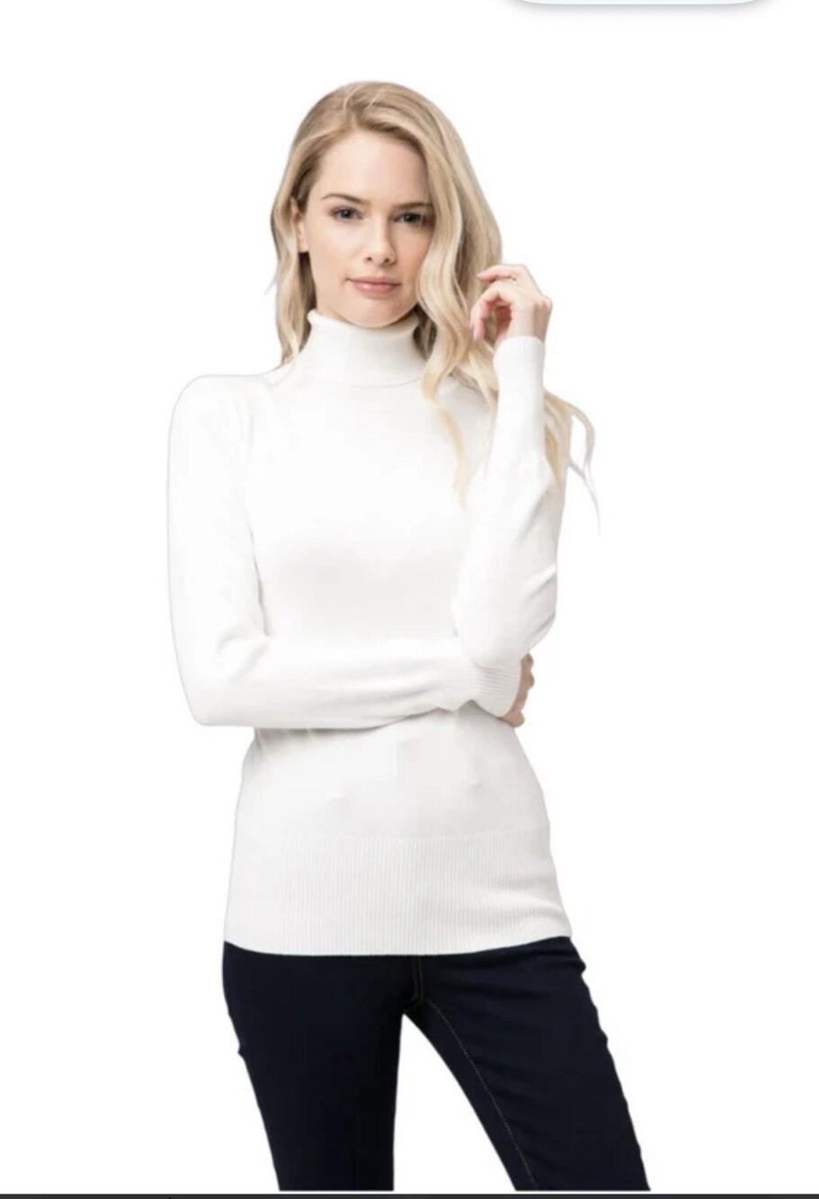 Cielo White Turtleneck Knit Sweater Long Sleeve Layering Top L Minimalist Preppy